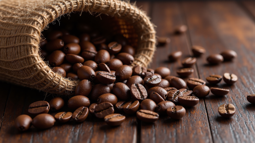 咖啡豆散落在木质桌面上,柔和光线营造温馨氛围